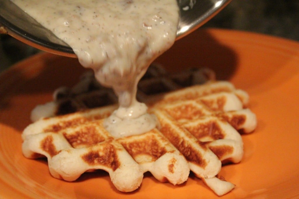 Lightened Up Waffled Biscuits and Gravy | No Thanks to Cake