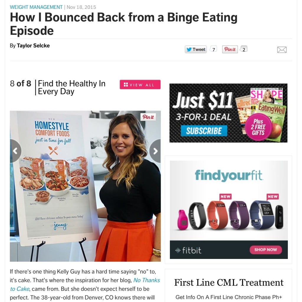 Shape Magazine Binge Eating Article | No Thanks to Cake