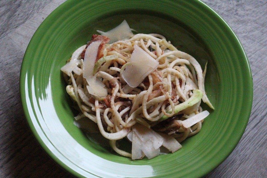 Kohlrabi Spaghetti with Caramelized Onions, Bacon, and Shaved Parmesan | No Thanks to Cake